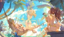 2boys 3girls absurdres alternate_breast_size_(larger) ass backboob ball barefoot beach beach_ball beachball big_ass big_breasts big_butt bikini blonde_hair blue_sky bottle breasts brown_hair casual_one-piece_swimsuit cataquack cloud commentary crown cup cutesexyrobutts day drink english_text facing_away feet female female_focus foot_out_of_frame from_behind green_one-piece_swimsuit hair_over_one_eye highres holding holding_cup jumping large_breasts legs light-skinned_female light_skin long_hair looking_at_viewer luma luma_(mario) lying male mario mario_(series) mixed-language_commentary multiple_females multiple_girls nintendo on_back one-piece_swimsuit open_toe_shoes outdoors palm_tree parasol patreon_logo patreon_username princess_daisy princess_peach princess_rosalina red_one-piece_swimsuit red_sandals red_toad_(mario) rosalina sandals shine_sprite shoes sideboob sitting sky soles strappy_heels super_mario_64 super_mario_bros. super_mario_sunshine swimsuit thick_thighs toad_(mario) toes tree umbrella volleyball volleyball_net web_address wing_cap wing_mario yellow_one-piece_swimsuit