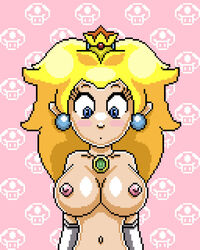 1girls big_breasts blonde_hair blue_eyes breasts crown earrings elbow_gloves female female_only gloves long_hair mario_(series) mushroom navel necklace nintendo nipples pink_background pixel_art princess_peach simple_background solo stranga white_skin