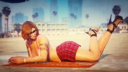 1female 2017 3d 3d_(artwork) alternate_costume bare_shoulders beach beach_towel bikini_top brown_hair character_request clothed_female collarbone covered_ass edited_screencap female female_focus female_only game_screenshot glasses gold_watch grand_theft_auto grand_theft_auto_online heavenly_body high_heels hyperspacedude legs_up los_santos lying_down mature_female mature_woman miniskirt navel palm_trees pink_fingernails plaid_skirt red_miniskirt red_skirt rockstar_editor rockstar_games short_hair skirt source_request summer tartan_skirt tattoo_on_arms tattoos tomboyish white_bikini_top wide_hips wristwatch