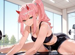 1girls ai_generated big_ass big_breasts big_butt blurry_background bra breasts cute_face darling_in_the_franxx day female female_only green_eyes gym gym_bra gym_shorts horns looking_at_viewer makeup pink_hair ponytail red_horns rissuai shorts smile solo split zero_two_(darling_in_the_franxx)