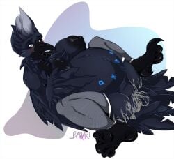 2017 anthro areola artist_name avian badart_(artist) belly big_areola big_breasts big_nipples bird black_areola black_nipples breasts clothing corvid corvus_(genus) dated feathers feet female fishnet_clothing fishnet_legwear genitals highlights_(coloring) legwear legwear_only lucidum lying markings mostly_nude_anthro mostly_nude_female navel nipples no_pupils on_back oscine passerine pregnant pregnant_anthro pregnant_female presenting presenting_vulva raven runes simple_background solo spread_legs spreading stockings talons text toes vulva