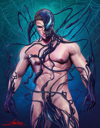 1boy abs alien censored claws eddie_brock human interspecies light-skinned_male light_skin male male_only marvel muscular muscular_male nipples nude parasite penis pubic_hair solo source_request spider-man_(series) symbiote text venom_(marvel) watermark zane_nox