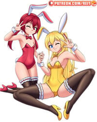 2girls ;) blonde_hair blue_eyes bunny bunny_ears bunnysuit high_heels joukamachi_no_dandelion leotard looking_at_viewer patreon red_eyes red_hair reit sakurada_akane sakurada_hikari thighhighs twintails v