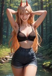ai ai_generated anime armpit_hair armpits background black_bra blonde_hair bra breasts chainsaw_man cleavage collarbone covered_navel covered_nipples covering_breasts female forest hairy_armpits hands_behind_head hi_res high-waist_shorts horn horns lace-trimmed_bra legwear light-skinned_female light_skin long_hair looking_at_viewer medium_breasts outdoors outside pants perfect_body power_(chainsaw_man) pubes pubic_hair red_horn red_horns river robin34art sexy_pose short_shorts shorts slim_waist smile teeth thick_thighs thighs tree trees wide_hips yellow_eyes
