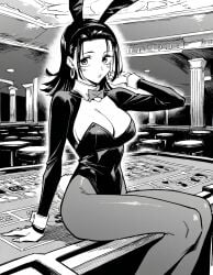 1girls ai_generated blue_eyes blush breasts bunny_girl bunnysuit casino dark earrings female hair jujutsu_kaisen jujutsu_kaisen_modulo revealing_clothes sitting_on_desk stockings yuka_okkotsu