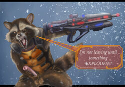 2017 anatomically_correct anatomically_correct_penis animal_genitalia animal_penis anthro balls clothed clothing dialogue english_text erection fur guardians_of_the_galaxy gun holding_object holding_penis holding_weapon lanx_(artist) male male_only mammal marvel open_mouth penis procyonid raccoon raccoon_penis ranged_weapon rifle ringtail rocket_raccoon simple_background snow solo speech_bubble standing teeth text tongue vest weapon whiskers