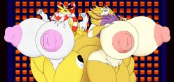 animal_humanoid asian_mythology bad_anatomy bandai_namco big_breasts black_sclera breasts canid canid_humanoid canine canine_humanoid digimon digimon_(species) duo east_asian_mythology female female/female fox_humanoid hi_res huge_breasts humanoid japanese_mythology kyubi_(yo-kai_watch) kyubimon level-5 mammal mammal_humanoid multi_tail mythological_creature mythology necrobern nipples pink_nipples tail yellow_body yo-kai_watch yokai
