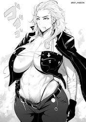 1girls abs big_breasts bimbo breasts cigarette cleavage dorohedoro female female_only happy_trail hourglass_figure huge_breasts large_breasts monochrome muscular_female naughty_face noi_(dorohedoro) pubic_hair seductive solo thick_thighs thong waterproof-pigeon whale_tail