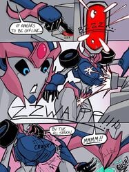 alien arcee arcee_(prime) armor beam big_breasts breast_expansion breast_growth breast_plate breastplate breasts chest_plate comic cybertronian english_text expansion female growth helmet horny_(disambiguation) humanoid laser living_machine machine megadevianttron_(artist) military pussy_juice robot smile standing surprise text thick_thighs transformers transformers_prime voluptuous