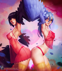 2girls armpits arms_up avian avian_humanoid bird black_hair blue_eyes blue_hair blush breasts dark_souls dark_souls_3 feathers female female_only fromsoftware harpy lingerie long_hair looking_at_viewer monster_girl monster_musume_no_iru_nichijou negligee nipples nipples_visible_through_clothing one_eye_closed panties papi_(monster_musume) pickle_pee red_panties see-through short_hair small_breasts standing themaestronoob tongue tongue_out wings yellow_eyes