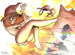1girls accident accidental_exposure bra explosion female female_only flying freckles marionpoinsot34 orange_hair panties surprised the_dungeon_of_naheulbeuk torn_clothes torn_clothing wizardess_(the_dungeon_of_naheulbeuk)
