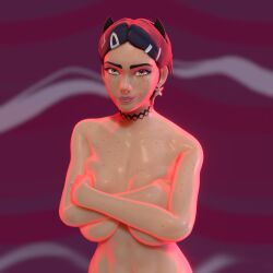 3d background belly belly_button big_breasts black_hair blue_eyes breast_grab breast_press breast_squeeze breasts clove_(valorant) covered_nipples earrings freckles freckles_on_arms freckles_on_chest freckles_on_face graphikks light-skinned_female light_skin naked necklace non-binary nude nudity outline render short_hair valorant