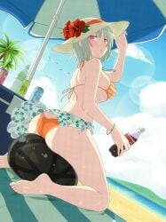 2d 2d_(artwork) ass ball balls barefoot beach beach_ball beach_mat big_ass big_breasts bikini blue_sky blush breasts clouds cooler dimples drinks feet female flower_in_hat flower_skirt hat_grab holding_object island light_green_hair looking_at_viewer looking_back male naraku_(senran_kagura) necklace ocean official_art open_mouth orange_bikini orange_clothing palm_tree pink_eyes seagull seagulls senran_kagura senran_kagura_(series) senran_kagura_2_deep_crimson senran_kagura_new_wave short_hair sitting sitting_on_ball sitting_on_beach_ball soda soles solo squeeze squish squishing striped_bikini_top sunhat sunlight sweat toes umbrella water wristband wristwear yaegashi_nan