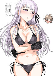 1boy 1girls arms_under_breasts background_character bikini black_bikini black_gloves black_ribbon black_swimsuit breasts danganronpa danganronpa:_trigger_happy_havoc danganronpa_3 embarrassed female female_only gloves high_resolution japanese_text kirigiri_kyouko looking_away looking_to_the_side medium_breasts naegi_makoto navel purple_eyes ribbon simple_background solo straight_hair string_bikini swimsuit text tsurui white_background