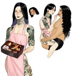 apron apron_only asian black_eyes black_hair fat_male fat_stomach feeder feederism food irezumi jason_hartono male male/male oriental piercing rickiebleh self_harm self_harm_scars seto_hartono size_difference skinny_male source_request sushi tan_skin tattoo tattoos thick_thighs