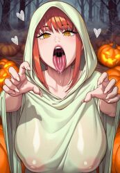 1girls ai_generated bangs big_breasts breasts chainsaw_man female ghost_costume hair halloween halloween_costume halloween_decoration halloween_pumpkin halloween_theme huge_breasts juuicyai looking_at_viewer makima_(chainsaw_man) medium_hair nipples open_mouth red_hair sidelocks solo solo_female tongue tongue_out translucent translucent_clothing yellow_eyes