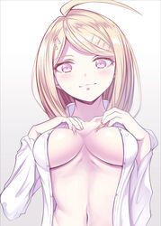 1girls ahoge akamatsu_kaede blonde_hair blush breasts danganronpa danganronpa_v3 eyelashes female female_only hairpin hati light_skin long_hair looking_at_viewer pale_skin pink_eyes school_uniform schoolgirl slim small_breasts smile straight_hair teenager violet_eyes white_clothes