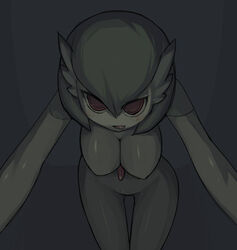 breasts cleavage dark game_freak gardevoir green_hair licking_lips looking_at_viewer low-key_lighting masha nintendo nipples nude pokemon pokemon_(species) pokemon_rse red_eyes seductive standing tongue