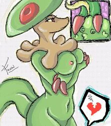 1girls 1other anthro breasts breloom claws color exposed_breasts female female_focus green_skin gulpin interspecies nipples pokemon skin tail toony unknown_gender