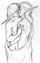 2boys ass bed_sheets closed_eyes duo jak jak_and_daxter kissing male male_only monochrome nude sketch torn_(j&d) traditional_media traditional_media_(artwork) yaoi