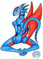 anthro ass back_view blue_skin color female female_only kneeling looking_back nude pokemon red_eyes red_skin salamence solo tagme tierafoxglove wings