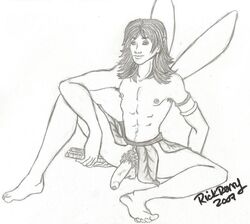 1boy 2007 armband balls erect_nipples exposed_penis ferngully half-erect legs_held_open long_hair male male_only mostly_nude musical_instrument pips presenting rick_perry_(artist) solo tagme uncut wings