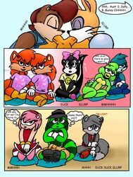 age_difference amy_rose anthro archie_comics balls black_nose bottomless brown_fur brown_hair bunnie_rabbot canine chipmunk closed_eyes collaborative_fellatio comic cybernetics cyborg diphallia diphallism double_fellatio english_text eyelashes eyeshadow fbz fellatio female fluffy_tail fox fur furry furry_only hedgehog lagomorph male mammal mobian_(species) multi_penis multiple_females mustelid open_mouth oral oral_sex orange_fur penis rabbit rodent sally_acorn sega skunk sonic_(series) sonic_satam sonic_the_hedgehog_(archie) sonic_the_hedgehog_(comics) sonic_the_hedgehog_(series) sound_effects straight tail tails tan_fur teacher's_pets teamwork testicles text thought_bubble twins two_tone_fur vest watching whiskers white_fur