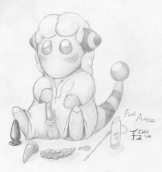 2004 blush chu clothes dildo feral flaaffy front_view graphite_(medium) male male_only monochrome penis pokemon pokemon_gsc sex sitting solo