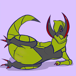 anus black_sclera female haxorus lying nintendo on_side pcred566 plain_background pokemon purple_background pussy solo video_games