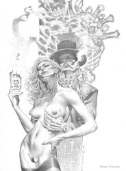 1boy 1girls bare_shoulders baron_samedi breast_grab breasts death_(personification) deity earrings hat long_hair male monochrome monster mythology nightmare_husbando nipples nude personification priscilla_kitaen pubic_hair public_domain sketch smoking text tomas_giorello voodoo_(wildstorm) wildstorm