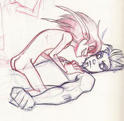 2boys ass bedroom_eyes colored_pencil_(artwork) daxter duo elf gay grin imminent_sex jak jak_and_daxter long_hair male male_only muscles muscular_male naughty_dog nude pointy_ears size_difference sketch skinny sony straddling traditional_media traditional_media_(artwork) yaoi