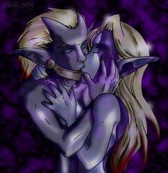 1boy 1girls 2006 blonde_hair brother_and_sister gol incest jak_and_daxter jak_and_daxter:_the_precursor_legacy kissing long_hair maia_acheron nashi nude nudity pointy_ears purple_skin red_highlights straight white_hair