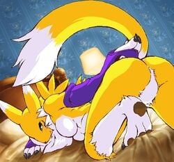 anthro ass back_view bed breasts color digimon female female_only fur furry g-sun indoors nude renamon solo tagme