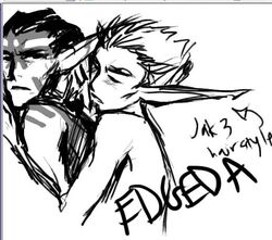 2boys black_and_white blush closed_eyes elf gay jak jak_3:_wastelander jak_and_daxter jak_ii:_renegade male male_only monochrome naughty_dog sony tattoos torn_(j&d) yaoi