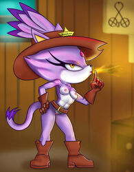 anthro areolae blaze_the_cat boots breasts cowboy_hat feline female female_only fire gloves hat jaycoxxx muscular muscular_female nipples purple_fur pussy sega small_breasts solo sonic_(series) tail video_games