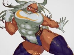 1girls 2022 abs animal_ears artist_name bare_shoulders big_breasts bouncing_breasts breasts bunny_ears clothing curvy dark-skinned_female dark_skin eyelashes female female_focus female_only fur_collar gloves highres hips human ibuo large_breasts legwear leotard long_hair looking_down miruko muscular muscular_female my_hero_academia pinup red_eyes revealing_clothes rumi_usagiyama shiny_skin simple_background skimpy sleeveless solo solo_female stockings tail thick_thighs thighhighs thighs turtleneck voluptuous watermark white_background white_hair wide_hips
