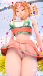 1girls 3d 3d_(artwork) absurd_res asian asian_female big_breasts breasts brown_hair cheerleader cheerleader_uniform cosplay cute_girl female female_only highres jdv juno_(overwatch) light-skinned_female light_skin looking_at_viewer midriff my_hero_academia no_panties ochako_uraraka_(cosplay) overwatch overwatch_2 pom_poms pubic_hair pussy red_eyes skirt_up smile smiling smiling_at_viewer standing uravity_juno vietnamese vietnamese_female
