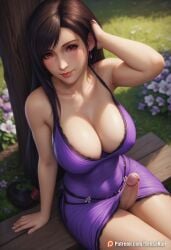 1futa ai_generated blush breasts brown_hair busty cleavage cute detailed dickgirl dress erect_penis erection eye_contact facing_viewer female final_fantasy final_fantasy_vii_remake flowers futa_only futanari hand_on_head highres intersex light-skinned_female light_skin long_hair looking_at_viewer outdoor_nudity outdoors penis red_eyes sensanari short_dress sitting solo solo_futa tifa_lockhart