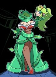 1girls after_transformation blue_eyes chabble crown dress earrings female gloves green_hair leaves long_neck mario_(series) piranha_plant piranha_plant_girl plant plant_girl plant_humanoid plant_transformation post-transformation pot princess_peach sharp_teeth super_mario_bros. thorns transformation warp_pipe