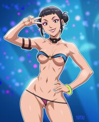 1girls black_footwear black_hair blunt_bangs bracelet breasts brown_eyes collarbone double_bun earrings female hair_bun hi_res high_heels indoors jewelry kitchen kpop_demon_hunters lips looking_at_viewer makeup medium_breasts nail_polish navel necklace netflix nipples nude presenting pussy short_hair sitting smile solo spread_legs stomach tsurime uncensored yatagarasunopen yatagarasupen zoey_(kpop_demon_hunters)