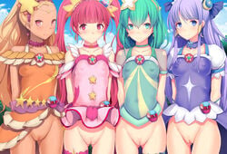 4girls amamiya_elena arms_behind_back bangs blonde_hair blue_sky blunt_bangs blush bottomless breasts censored choker closed_mouth clothing cloud covered_nipples cure_milky cure_selene cure_soleil cure_star daiaru dark_skin day erect_nipples erect_nipples_under_clothes flat_chest green_choker green_hair hagoromo_lala hair_ornament hoshina_hikaru innie_pussy kaguya_madoka long_hair looking_at_viewer magical_girl medium_breasts mosaic_censoring multiple_girls pink_choker pink_eyes pink_hair precure pretty_cure pubic_tattoo purple_choker purple_hair pussy pussy_juice short_hair sky small_breasts smile star star_hair_ornament star_twinkle_precure tattoo twintails