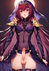 ai_generated blonde_hair blush erect_penis exposed_legs exposed_penis femboy genderswap_(ftm) scathach_(fate) sissydavid trap