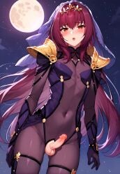ai_generated blonde_hair blush exposed_penis femboy fully_clothed genderswap_(ftm) open_mouth scathach_(fate) sissydavid trap