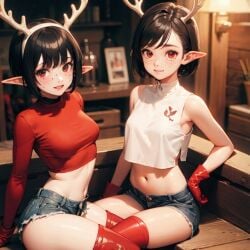 ai_generated antlers beach black_hair elf_ears eye_contact female gloves pixie_cut red red_eyes red_gloves seductive_expression short_hair smirk smug_expression stripper teasing usebackdooronly