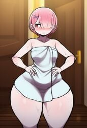 ai_generated angry_expression blackwhiplash_(style) blush curvy_figure cute_face hands_on_hips huge_thighs looking_at_another novelai ram_(re:zero) shy small_breasts thick_thighs towel_only wet_body