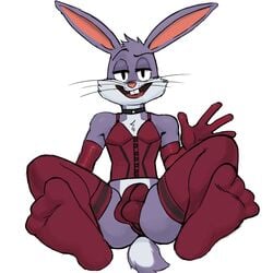 1boy anthro balls buckteeth bugs_bunny bulge bunnyboy canon_crossdressing clothed clothing crossdressing crotch feet femboy foot_focus front_view frown furry_only gay gloves hicanyoumooforme invalid_tag lagomorph legs legwear lingerie looking_at_viewer looney_tunes male male_only mammal no_humans penis presenting rabbit simple_background smile smug solo stockings tagme teeth warner_brothers whiskers white_background