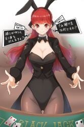 big_breasts bunny_ears bunny_girl bunnysuit cards casino corset gambling japanese_text kasumi_yoshizawa kurosususu persona persona_5 persona_5_royal red_eyes red_hair sumire_yoshizawa