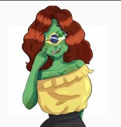 bare_shoulders big_breasts brazil_(countryhumans) brown_hair countryhumans countryhumans_girl green_body hair simple_background yellow_clothing