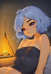 abdomen ai_generated blue_hair civitai cookiasncream erected_nipples fire káeli_xyovka_(character) kaybur_(series) la_coroneta_(series) nipples nipples_visible_through_clothing outdoors purple_eyes skinny skinny_girl sweat sweatdrop sweating tent thick_thighs unclothing undress undressing wet wet_body without_panties without_pants
