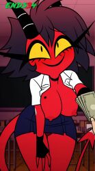 ai_generated bent_over big_breasts blue_skirt breasts demon_girl ends34 female female_focus helluva_boss millie_(helluva_boss) money panties prostitution school_uniform skirt smile white_shirt